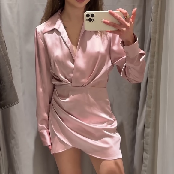 ZARA Dusty Pink Satin Effect Wrap Long Sleeve Dress $59.90 - Picture 2 of 14